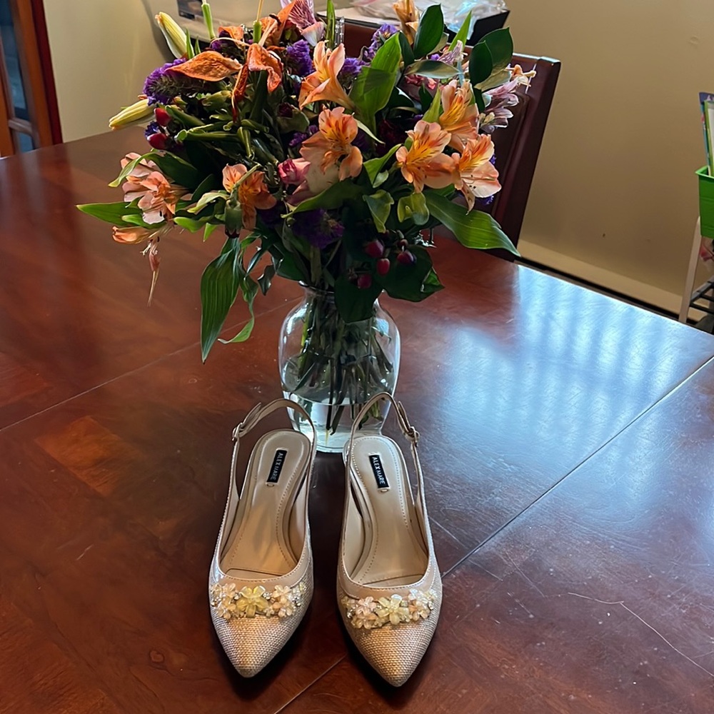 Alex Marie beige, nude color sling back shoes.